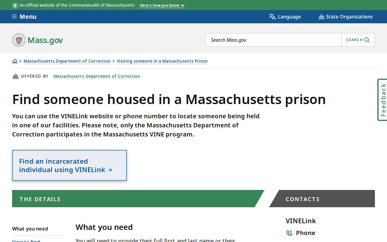 Peabody residents directory Massachusetts DOC custody locator instructions