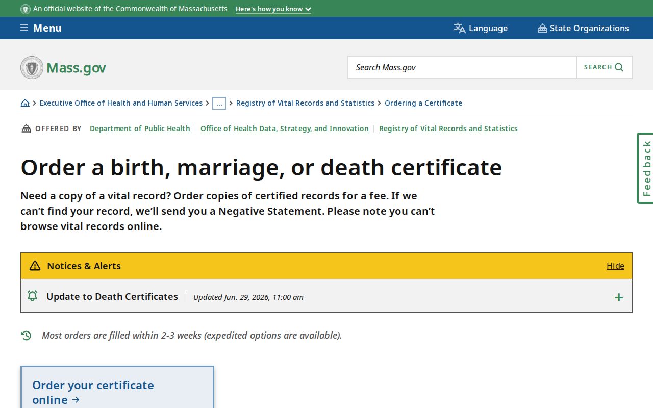Peabody resident lookup Massachusetts vital record ordering application