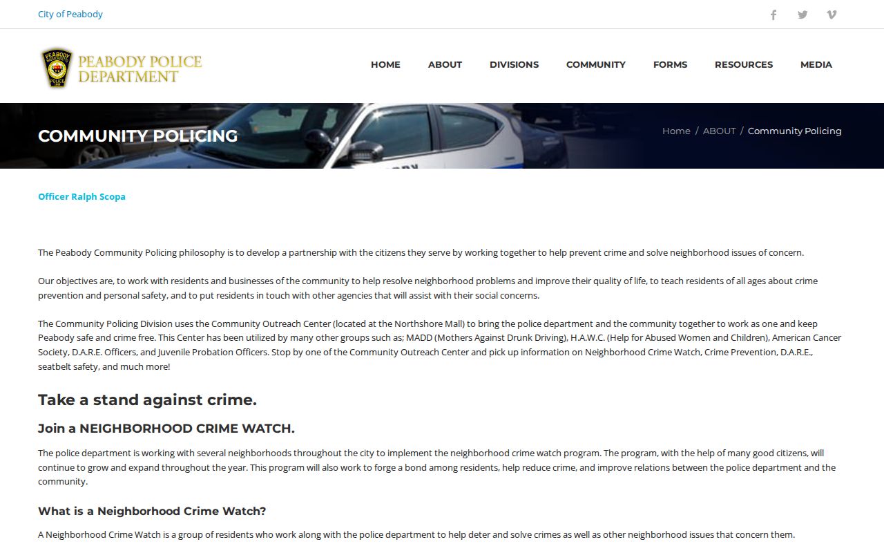 Peabody neighbors community policing and Neighborhood Crime Watch information