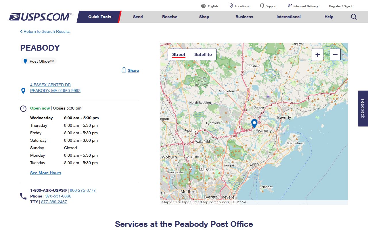 Peabody ZIP code directory USPS facility result for 01960
